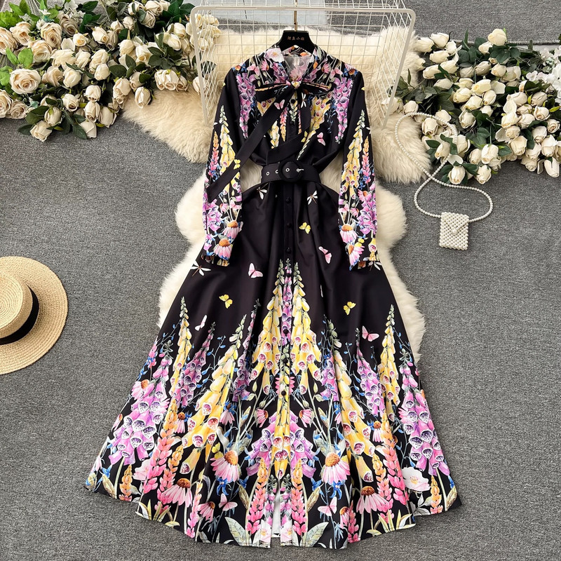 Френска ретро рокля в дворцов стил, тънка, дълга рокля с щампи от висок клас, папийонка и яка