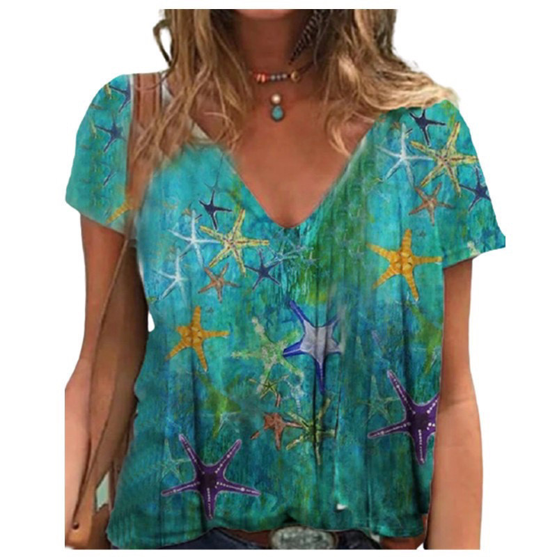 2024 пролет и лято нови модерни дамски дрехи 3D дигитален печат секси дамски тениски с V-образно деколте, ежедневни горнища