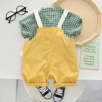 Летен детски комплект дрехи, дишаща карирана риза гащеризон, мъжко и женско бебешко ежедневно облекло, семпъл детски костюм