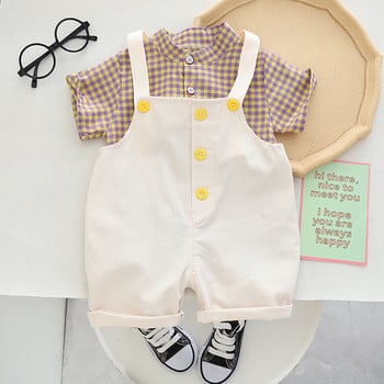 Летен детски комплект дрехи, дишаща карирана риза гащеризон, мъжко и женско бебешко ежедневно облекло, семпъл детски костюм