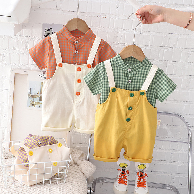 Vasaros vaikiškų drabužių rinkinys Kvėpuojantis languotas marškinėlių kombinezonas Vyriškas ir moteriškas, kasdien dėvimas kūdikis, paprastas vaikiškas kostiumas