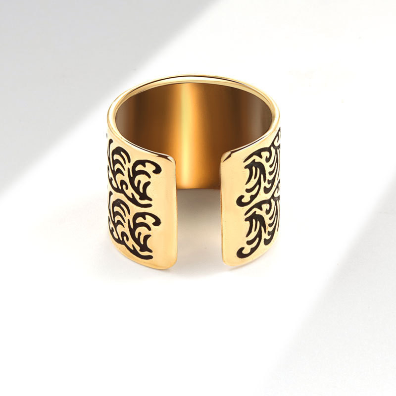 Ретро релефен пръстен с шарка на трева Tang за жени широкопола геометрична мода отворен пръстен Европейска и американска личност хип-хоп тенденция на пръстена с показалец