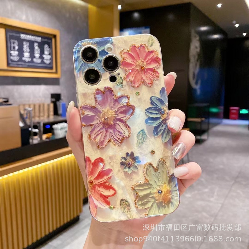 Olajfestmény színes virágok iphone14 flash gyémánt karkötő xsmax mobiltelefon tok apple 13 női szíj soft shell alkalmas
