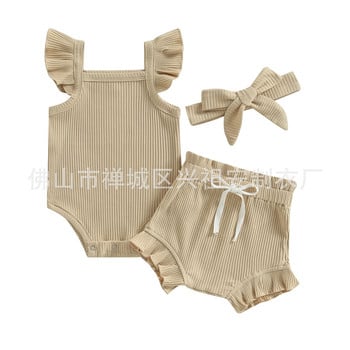 Бебешко лятно горнище с тиранти + къси панталони от три части, ежедневен комплект едноцветен гащеризон за бебе момиче