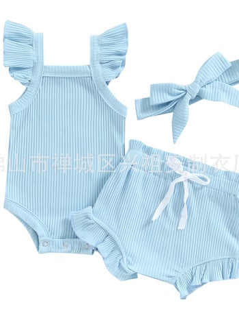 Бебешко лятно горнище с тиранти + къси панталони от три части, ежедневен комплект едноцветен гащеризон за бебе момиче