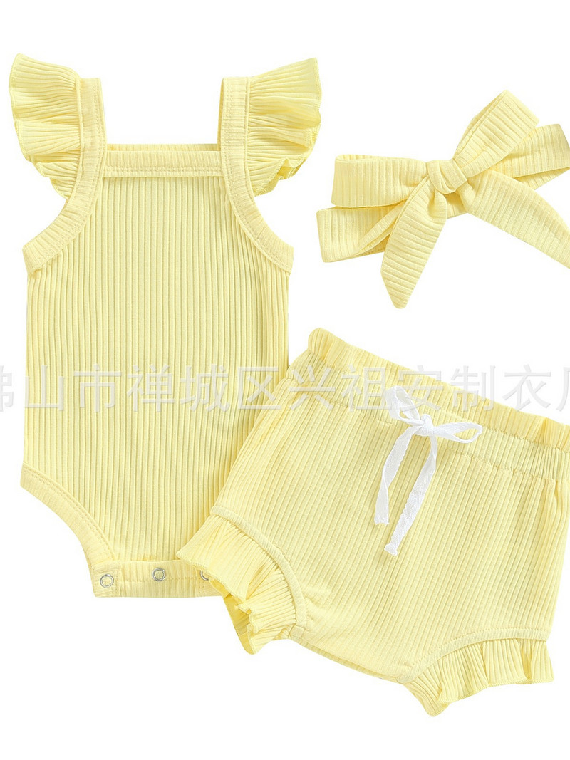 Бебешко лятно горнище с тиранти + къси панталони от три части, ежедневен комплект едноцветен гащеризон за бебе момиче