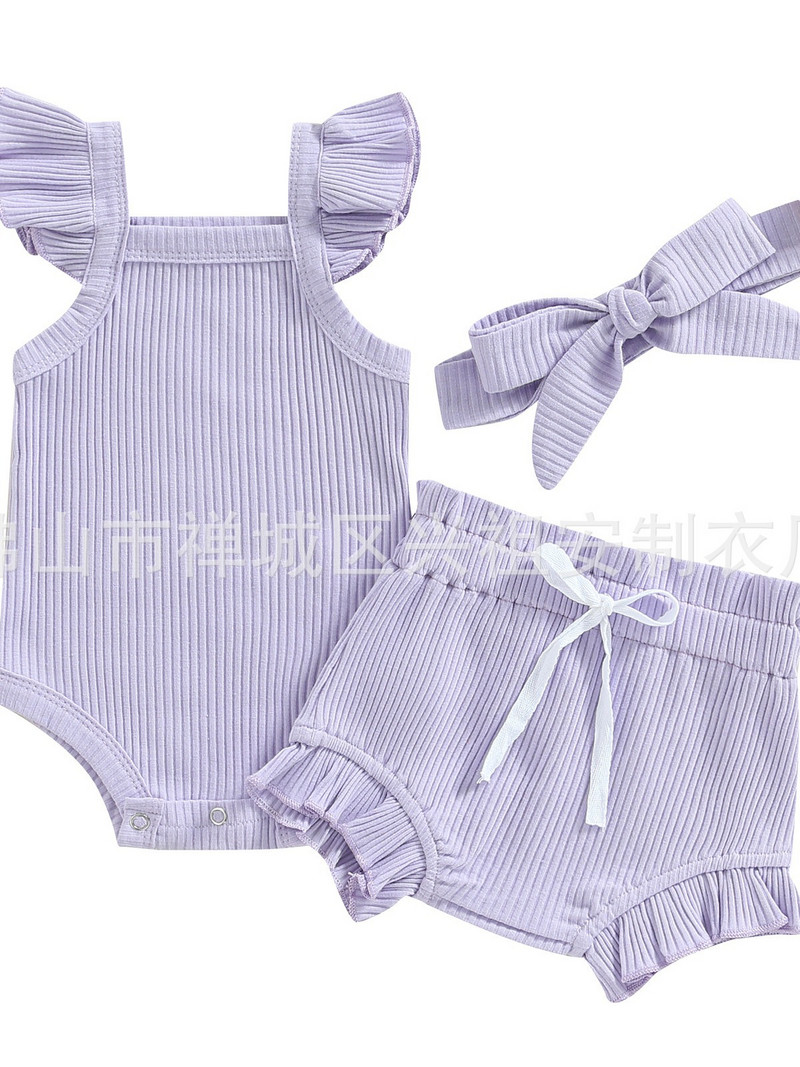 Бебешко лятно горнище с тиранти + къси панталони от три части, ежедневен комплект едноцветен гащеризон за бебе момиче