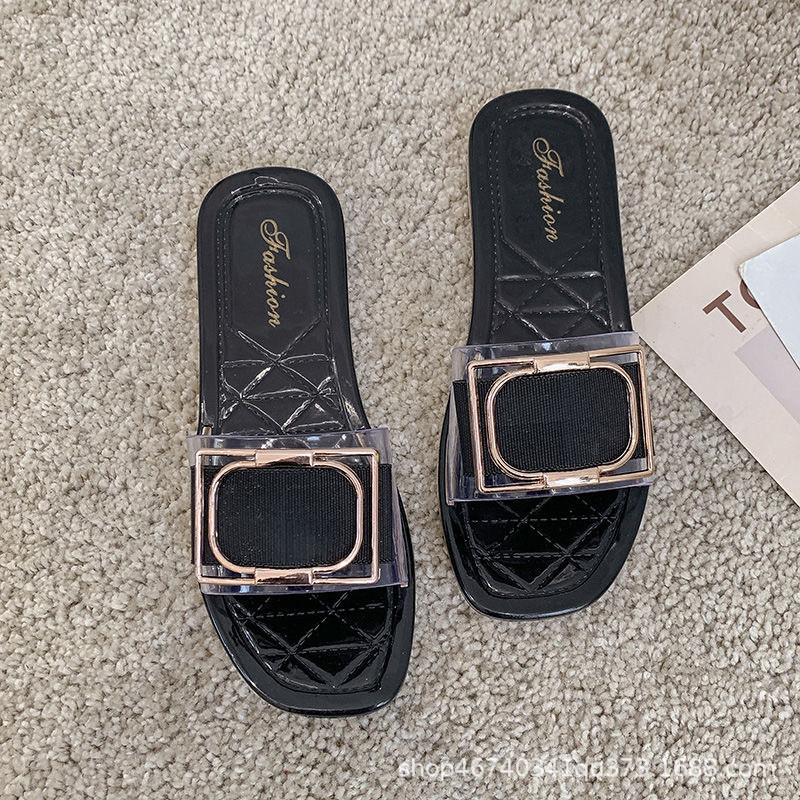 Új stílusú papucs női nyári felsőruházathoz négyszögletes csatos átlátszó színű zselé modern európai és amerikai stílusú alkalmi diákpapucs koreai stílusú 