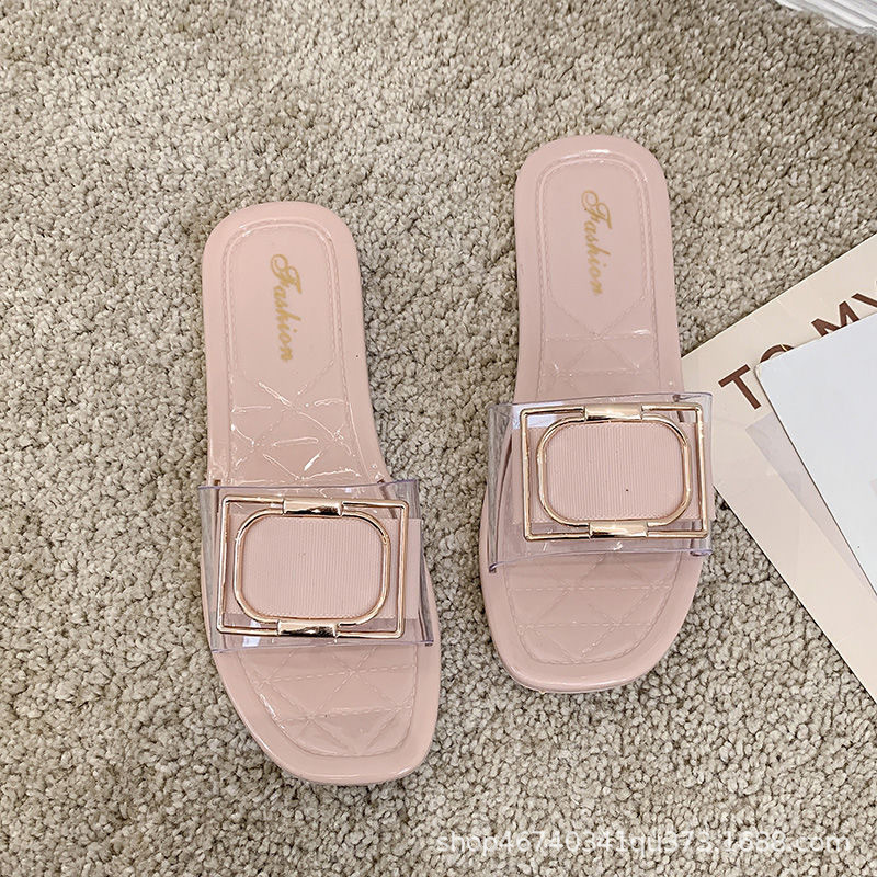 Új stílusú papucs női nyári felsőruházathoz négyszögletes csatos átlátszó színű zselé modern európai és amerikai stílusú alkalmi diákpapucs koreai stílusú 