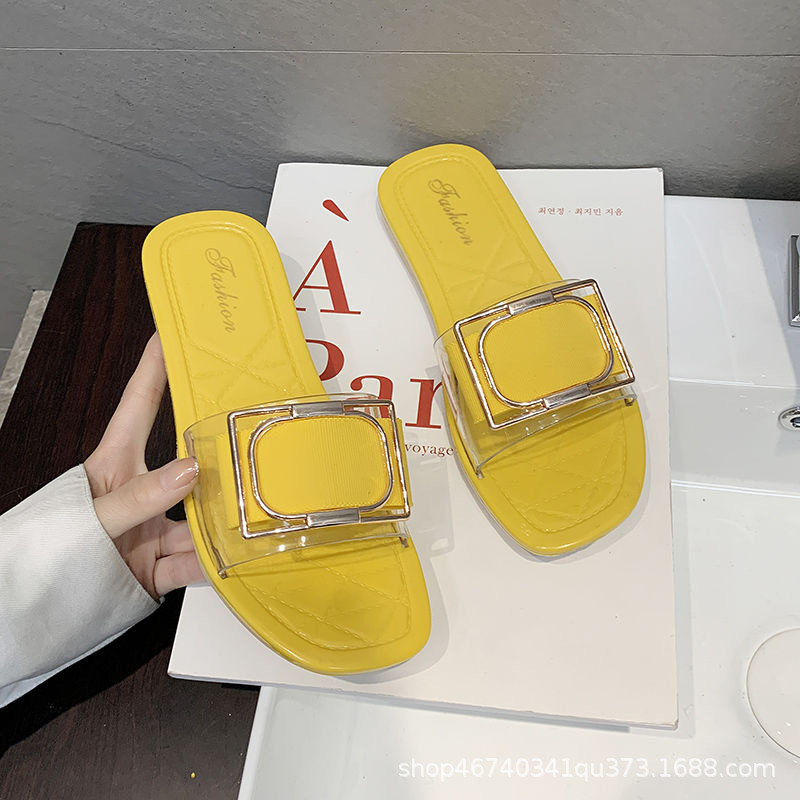 Új stílusú papucs női nyári felsőruházathoz négyszögletes csatos átlátszó színű zselé modern európai és amerikai stílusú alkalmi diákpapucs koreai stílusú 