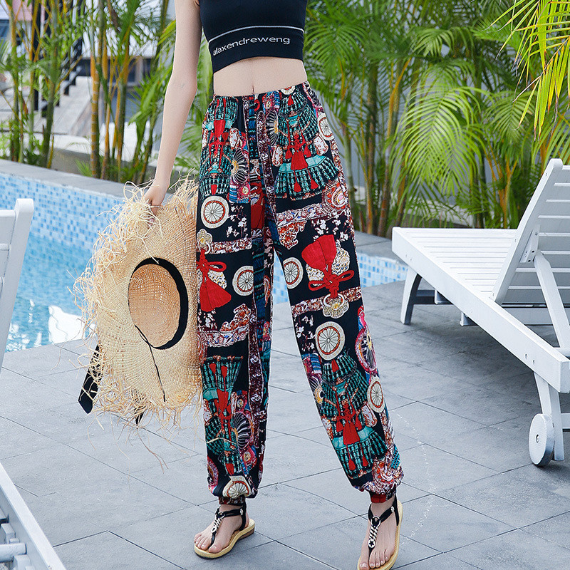 Дамски панталони против комари, плажни панталони от памучна коприна, летни ежедневни панталони на цветя, летни пижами от изкуствен памук, тънки панталони за възрастни