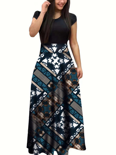 Φόρεμα 2024 Ευρωπαϊκού και Αμερικάνικου στιλ με λουλούδια με ασορτί κοντομάνικο φόρεμα για μεγάλη γυναικεία κούνια φούστα