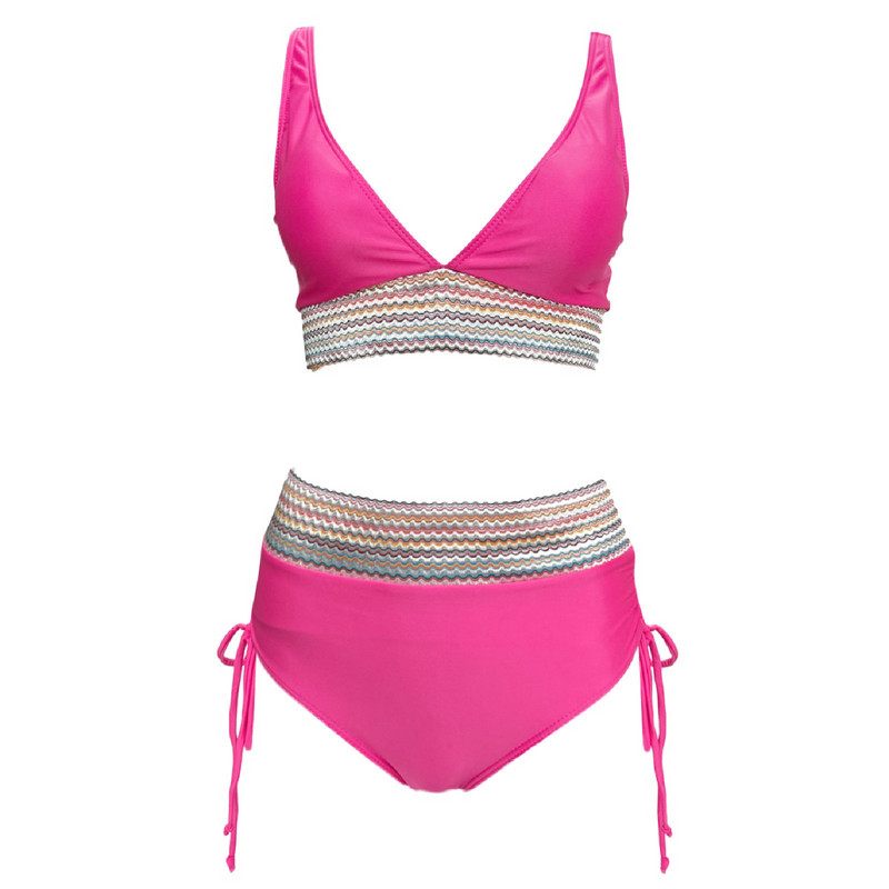 Női magas derekú bikini szettek fürdőruhák színes blokk kétrészes húzózsinór nyári strandruházat női fürdőruha купальник