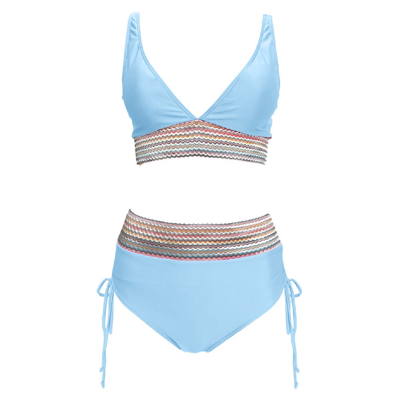 Női magas derekú bikini szettek fürdőruhák színes blokk kétrészes húzózsinór nyári strandruházat női fürdőruha купальник