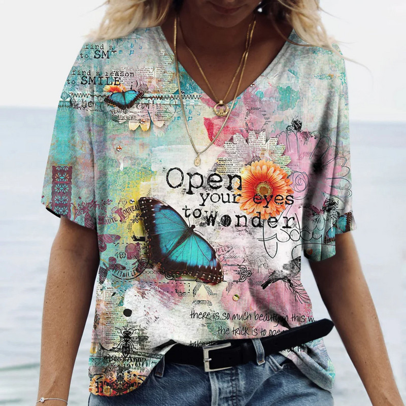 Határon túli forrón eladó női póló V-nyakú 3D nyomtatott virág pillangó divat trend nyomtatott rövid ujjú ruha gyártó közvetlen szállítás