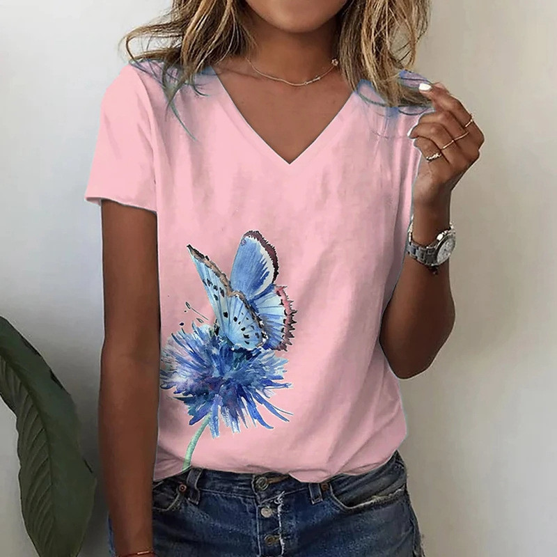 Határon túli forrón eladó női póló V-nyakú 3D nyomtatott virág pillangó divat trend nyomtatott rövid ujjú ruha gyártó közvetlen szállítás