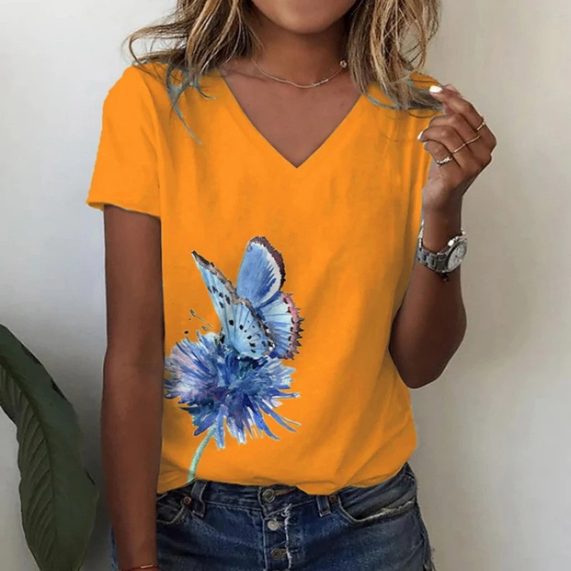 Határon túli forrón eladó női póló V-nyakú 3D nyomtatott virág pillangó divat trend nyomtatott rövid ujjú ruha gyártó közvetlen szállítás