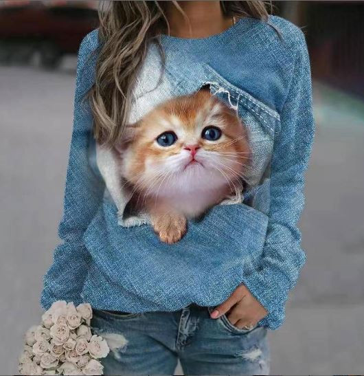 2023 Európai és amerikai külkereskedelmi népszerű 3D kerek nyakú pulóver nőknek aranyos macskaképekkel Európai és amerikai külkereskedelmi női egyrészes, egyenes hajú ruha