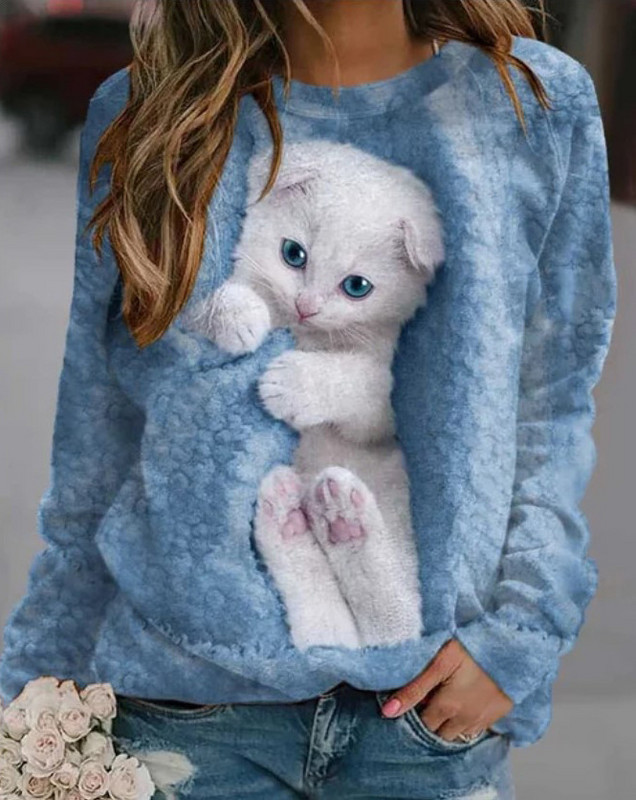 2023 Európai és amerikai külkereskedelmi népszerű 3D kerek nyakú pulóver nőknek aranyos macskaképekkel Európai és amerikai külkereskedelmi női egyrészes, egyenes hajú ruha