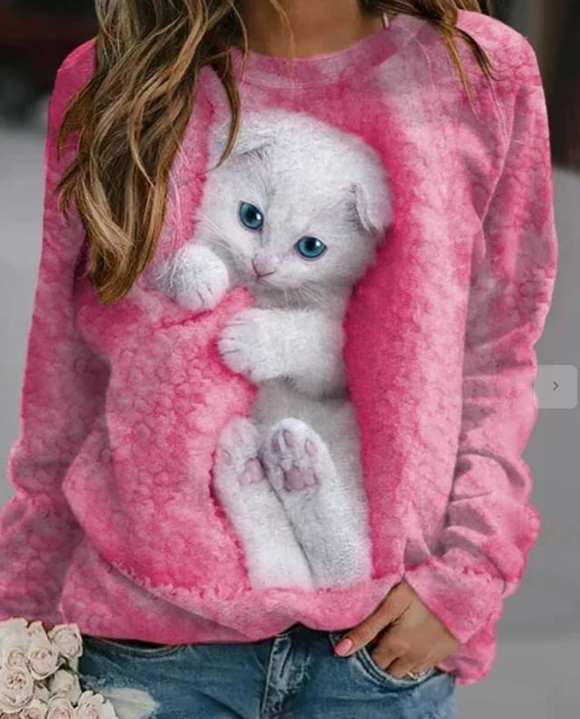 2023 Európai és amerikai külkereskedelmi népszerű 3D kerek nyakú pulóver nőknek aranyos macskaképekkel Európai és amerikai külkereskedelmi női egyrészes, egyenes hajú ruha