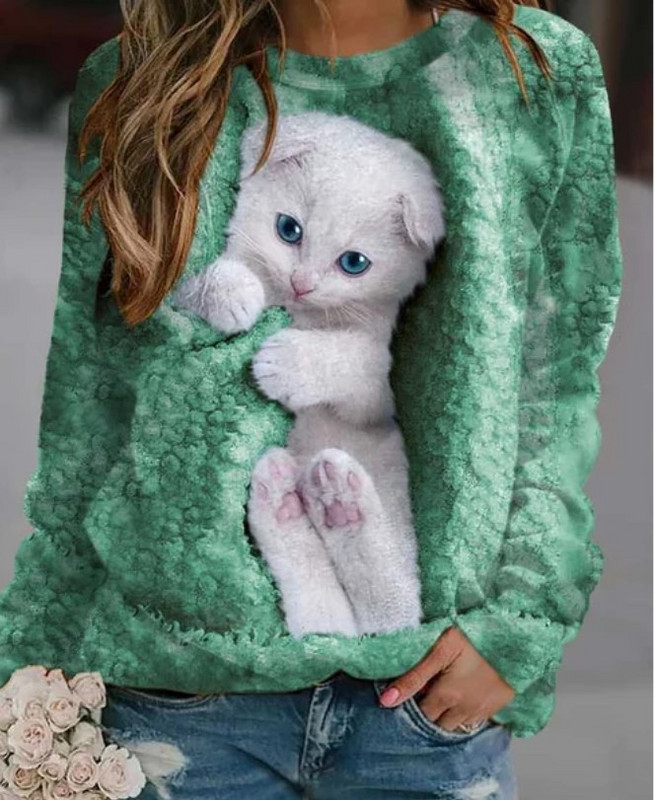 2023 Európai és amerikai külkereskedelmi népszerű 3D kerek nyakú pulóver nőknek aranyos macskaképekkel Európai és amerikai külkereskedelmi női egyrészes, egyenes hajú ruha