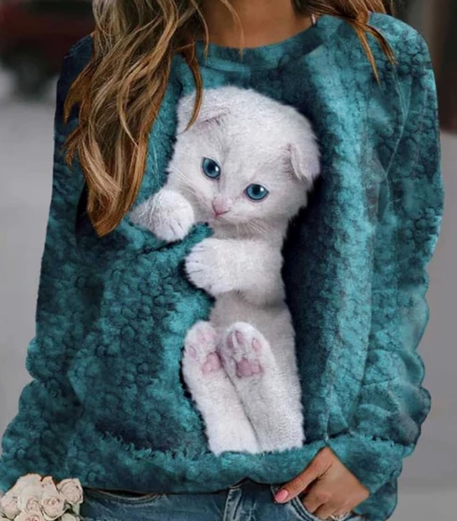 2023 Európai és amerikai külkereskedelmi népszerű 3D kerek nyakú pulóver nőknek aranyos macskaképekkel Európai és amerikai külkereskedelmi női egyrészes, egyenes hajú ruha