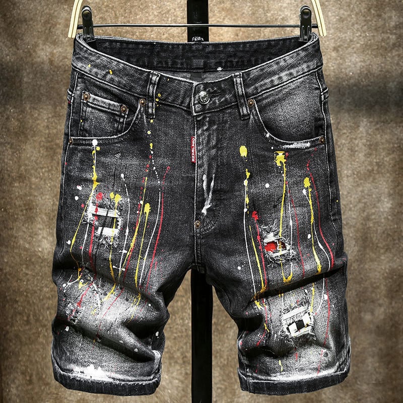 Väliskaubanduse püksid Uus stiil Ripped Paint Splatter Meeste Plaastrid D2 Stretch Teksad Mustad Keskmised püksid Kerjusteksad