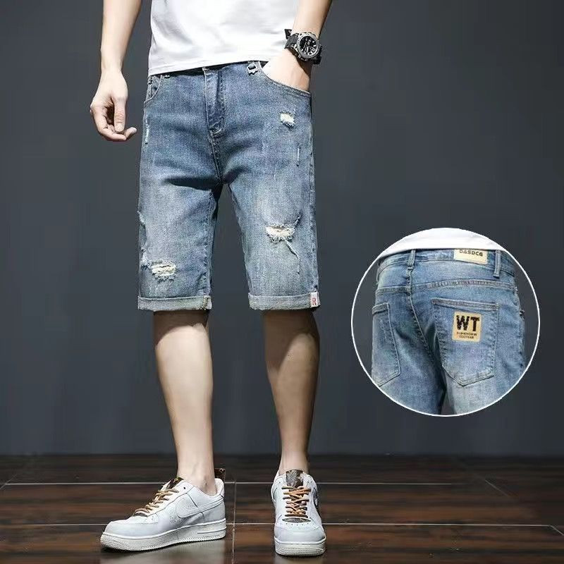 Vasariniai ploni džinsiniai šortai Vyriški madingi Slim Fit kelnės Mėlynos mados prekės ženklo vidutinio dydžio kelnės Universalūs laisvalaikio bridžai