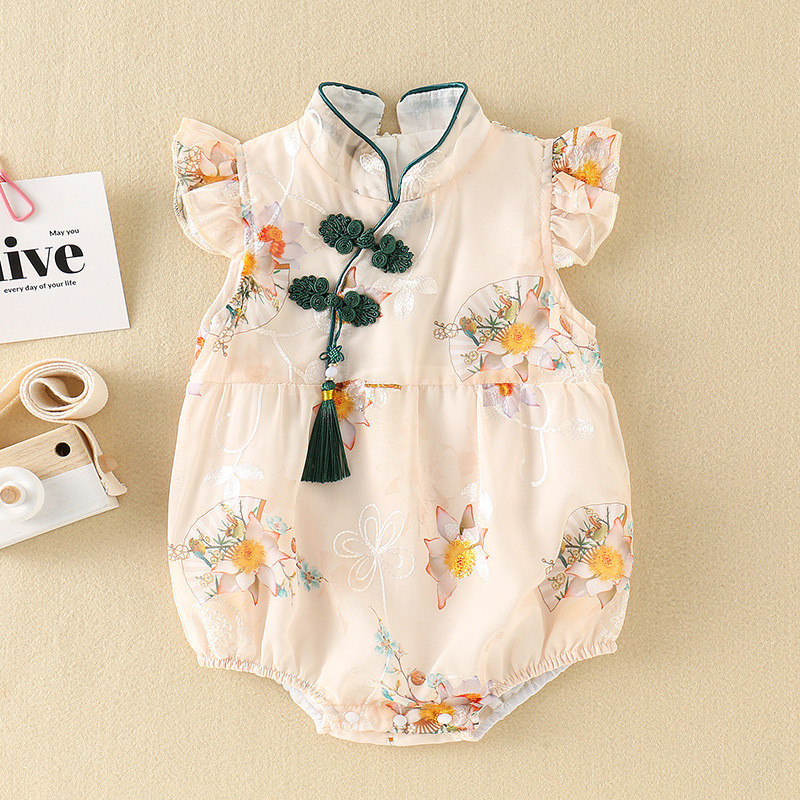 Nyári kislány ruha kínai stílusú cheongsam vékony táska egyrészes táska prémes ruha újszülött baba a hét száz napján