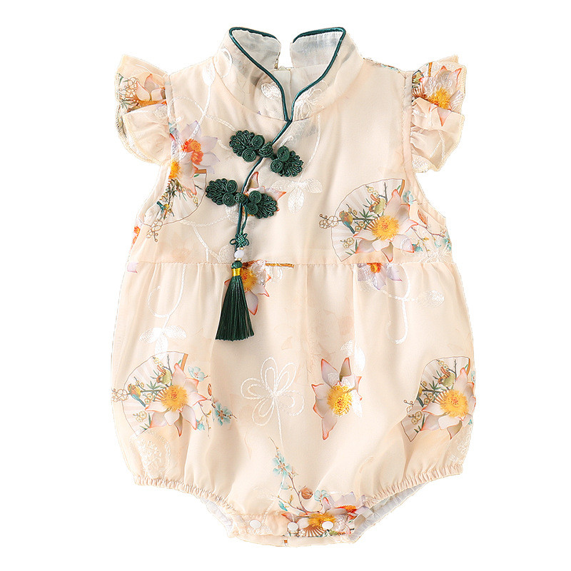 Nyári kislány ruha kínai stílusú cheongsam vékony táska egyrészes táska prémes ruha újszülött baba a hét száz napján