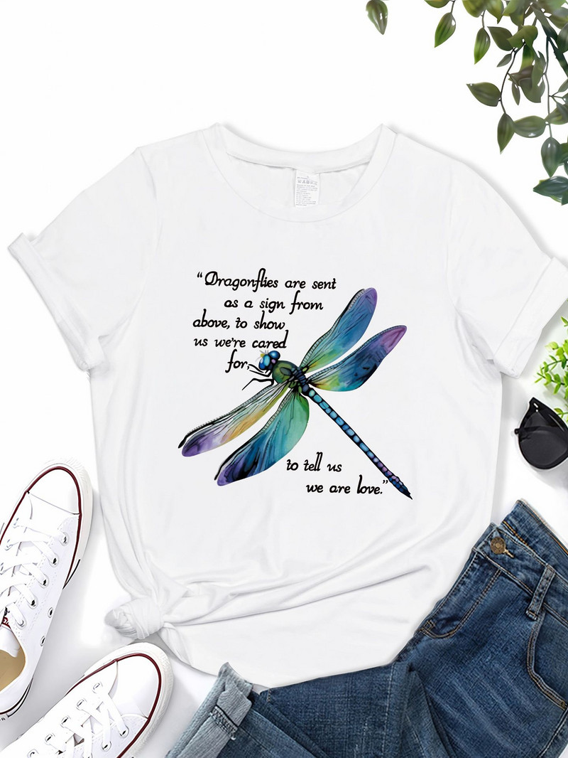 Határon átnyúló külkereskedelem európai és amerikai független állomás, női nyomat rövid ujjú szitakötős póló divatos kerek nyakú felső Amazon nyár