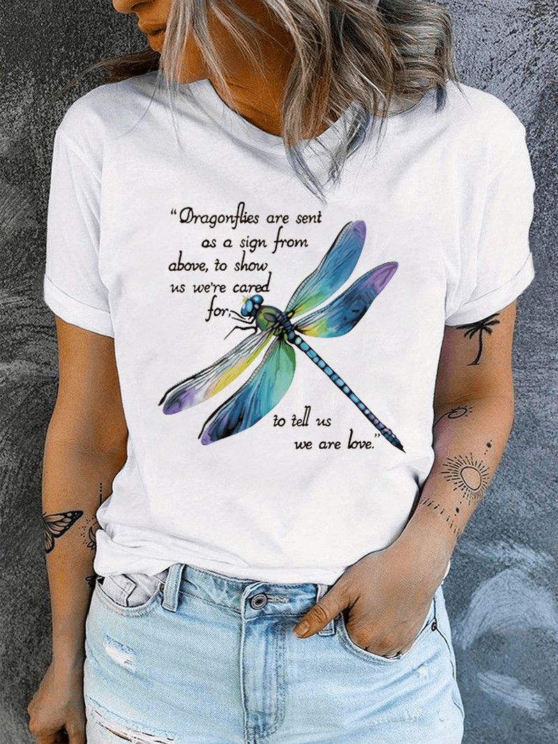 Határon átnyúló külkereskedelem európai és amerikai független állomás, női nyomat rövid ujjú szitakötős póló divatos kerek nyakú felső Amazon nyár