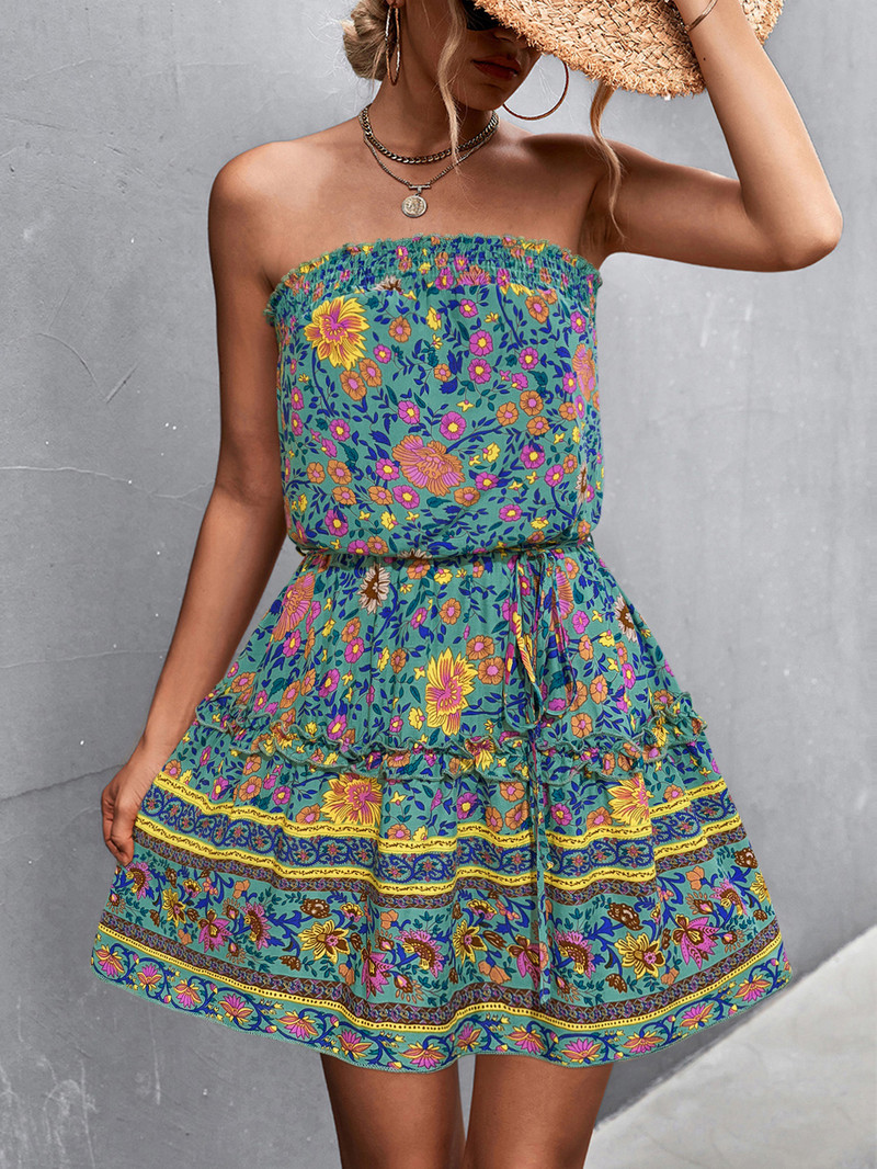 Proljeće i ljeto 2024. nova prekogranična ženska odjeća eBay Amazon vrući stil Boemska cvjetna haljina bez naramenica