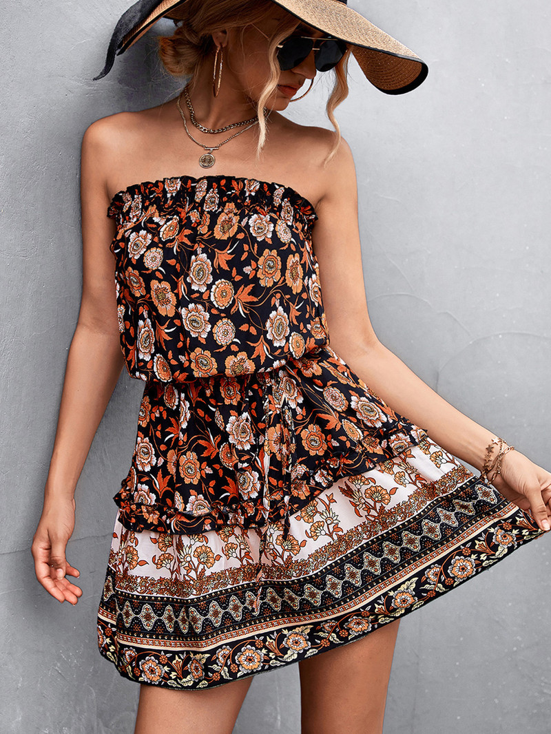 Proljeće i ljeto 2024. nova prekogranična ženska odjeća eBay Amazon vrući stil Boemska cvjetna haljina bez naramenica