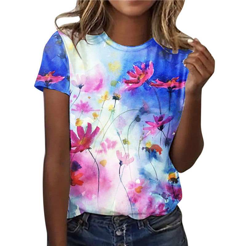 Prekogranična nova europska i američka odjeća za ljeto 2024., 3D digitalni ispis, vanjska trgovina, okrugli izrez, kratki rukavi, ulična modna ženska majica