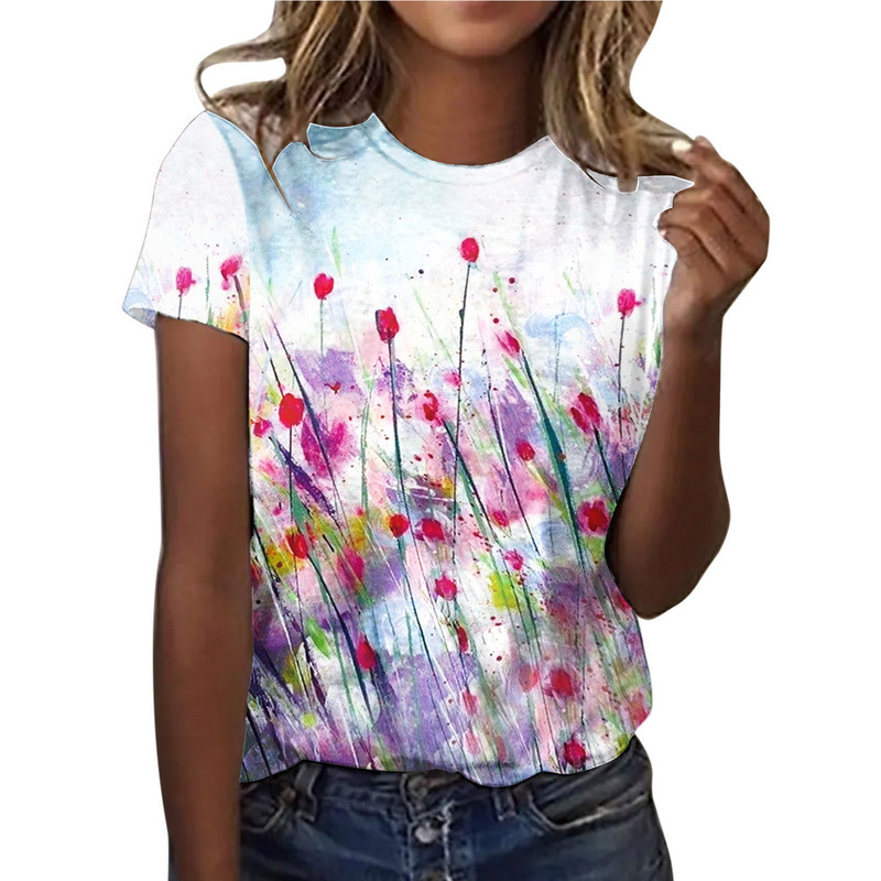 Prekogranična nova europska i američka odjeća za ljeto 2024., 3D digitalni ispis, vanjska trgovina, okrugli izrez, kratki rukavi, ulična modna ženska majica