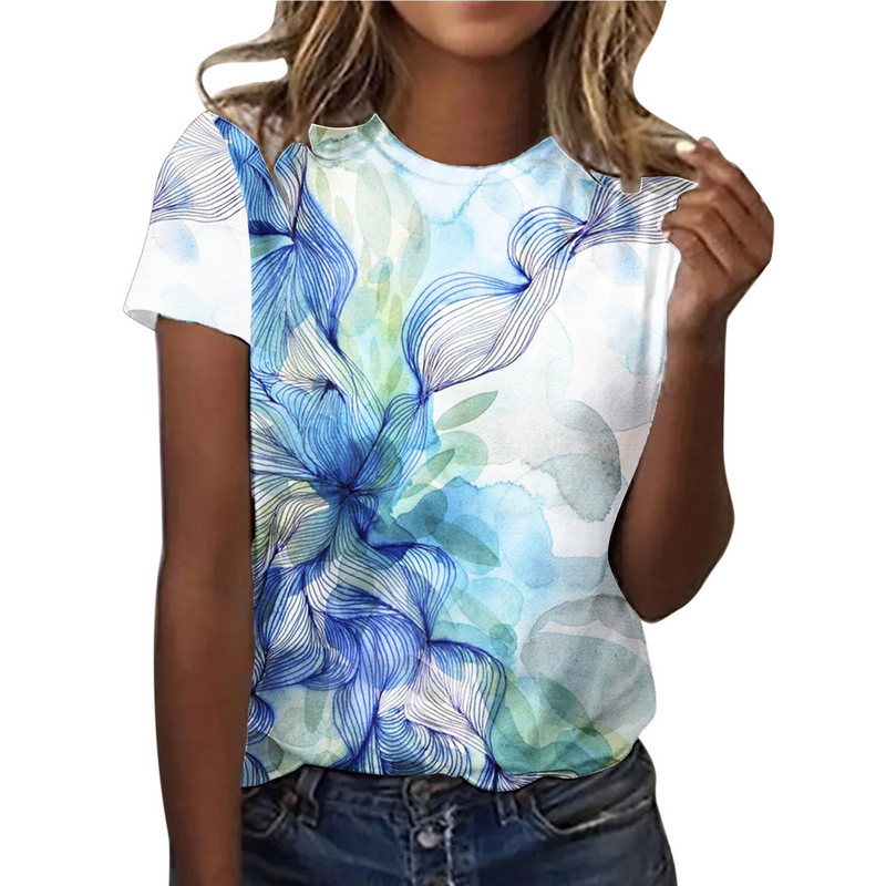 Prekogranična nova europska i američka odjeća za ljeto 2024., 3D digitalni ispis, vanjska trgovina, okrugli izrez, kratki rukavi, ulična modna ženska majica