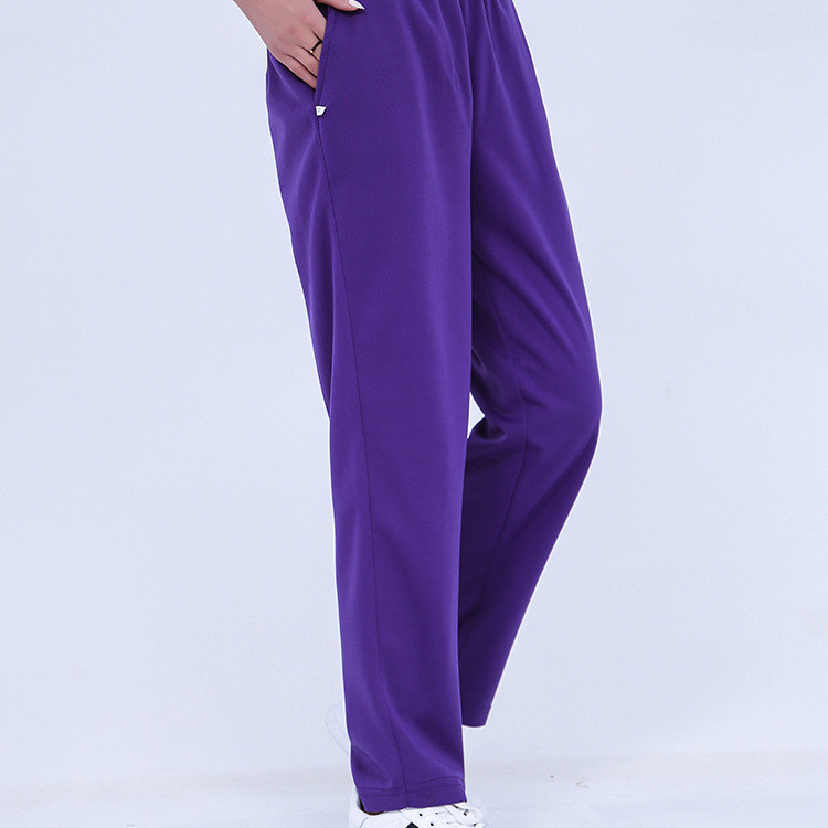 Lila fehér szegély férfi és női középiskolai és középiskolai általános iskolai sport és szabadidő széles szárú nadrágok párhuzamos fehér csíkos iskolai egyenruha nadrágok