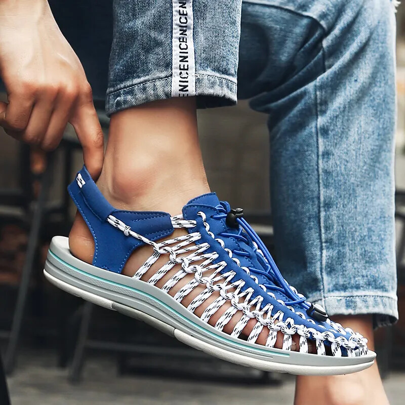 Nyári Férfi Szandál Női Papucs Szövés Dizájn Strandszandál Lélegző Alkalmi Lapos Szandál Kültéri Párok Szandálok 48-as méret