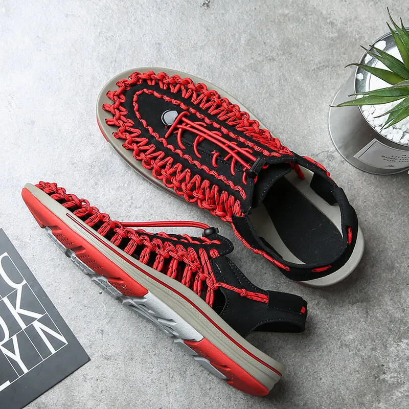 Nyári Férfi Szandál Női Papucs Szövés Dizájn Strandszandál Lélegző Alkalmi Lapos Szandál Kültéri Párok Szandálok 48-as méret