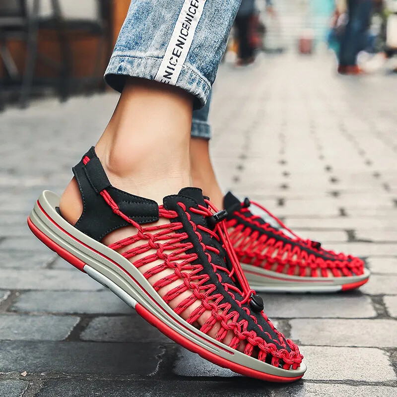 Nyári Férfi Szandál Női Papucs Szövés Dizájn Strandszandál Lélegző Alkalmi Lapos Szandál Kültéri Párok Szandálok 48-as méret
