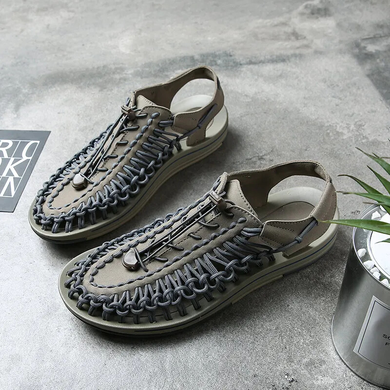 Nyári Férfi Szandál Női Papucs Szövés Dizájn Strandszandál Lélegző Alkalmi Lapos Szandál Kültéri Párok Szandálok 48-as méret