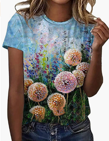 2023 Пролет Нова дамска тениска с кръгло деколте и къс ръкав с букви от 3D щампа Ежедневни дрехи с щампи на цветя