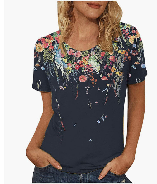 2023 Пролет Нова дамска тениска с кръгло деколте и къс ръкав с букви от 3D щампа Ежедневни дрехи с щампи на цветя