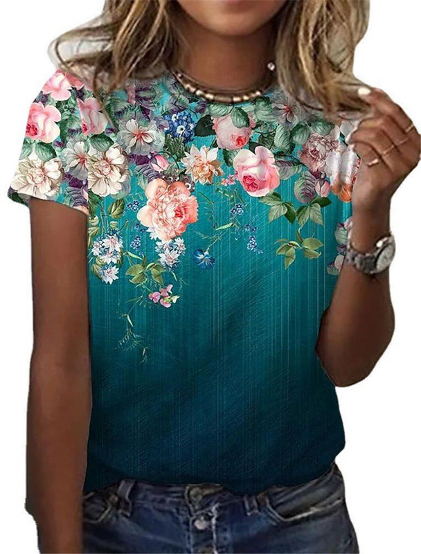 2023 Пролет Нова дамска тениска с кръгло деколте и къс ръкав с букви от 3D щампа Ежедневни дрехи с щампи на цветя