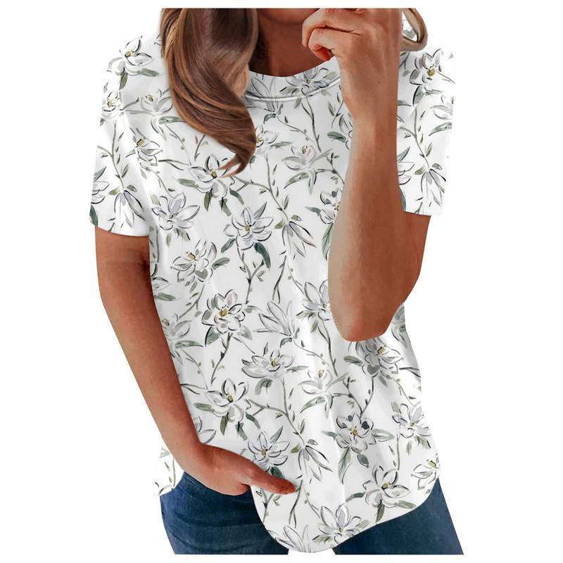 2023 Пролет Нова дамска тениска с кръгло деколте и къс ръкав с букви от 3D щампа Ежедневни дрехи с щампи на цветя