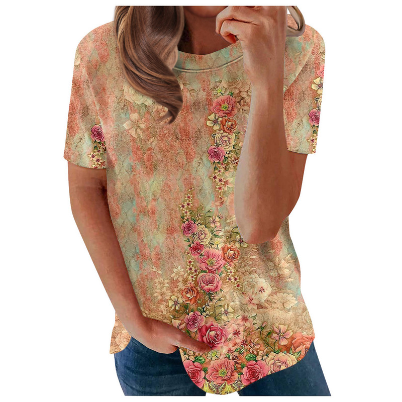 2023 Пролет Нова дамска тениска с кръгло деколте и къс ръкав с букви от 3D щампа Ежедневни дрехи с щампи на цветя