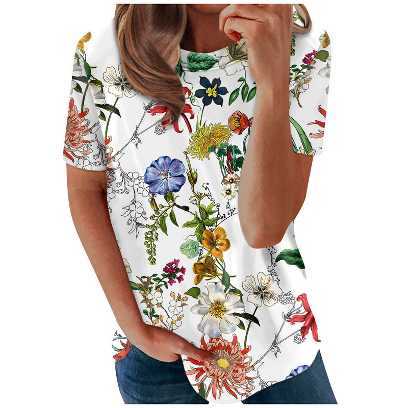 2023 Пролет Нова дамска тениска с кръгло деколте и къс ръкав с букви от 3D щампа Ежедневни дрехи с щампи на цветя