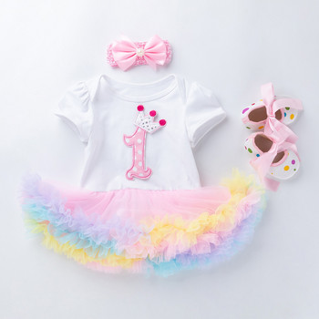 Трансгранично бебе момиче рокля за рожден ден Комплект от 3 части едногодишна рокля с къс ръкав обувки за малко дете детски дрехи бебе
