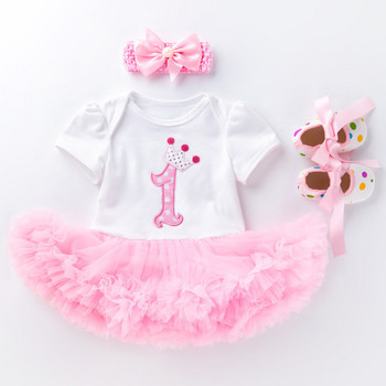 Трансгранично бебе момиче рокля за рожден ден Комплект от 3 части едногодишна рокля с къс ръкав обувки за малко дете детски дрехи бебе